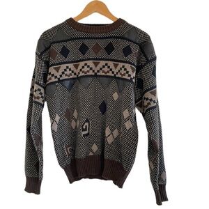 Jon 1 E | Vintage grandpa sweater brown knit with leather patches size m…